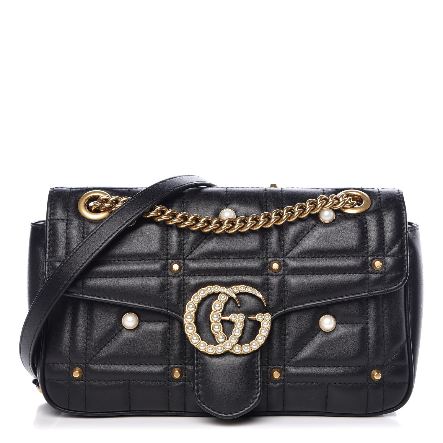 Gucci Calfskin Matelasse Studded Small Pearly GG Marmont Shoulder Bag Black 1 of 9