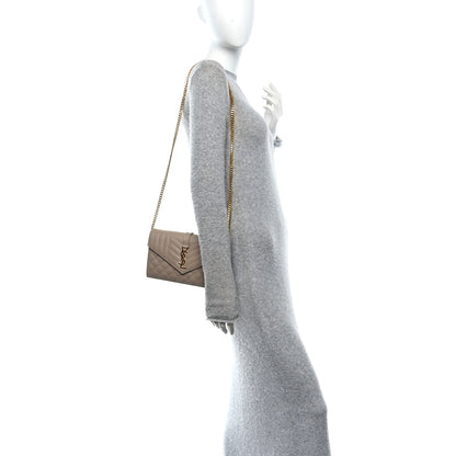 Saint Laurent Grain De Poudre Mixed Matelasse Triquilt Monogram Chain Wallet Dark Beige 2 of 12