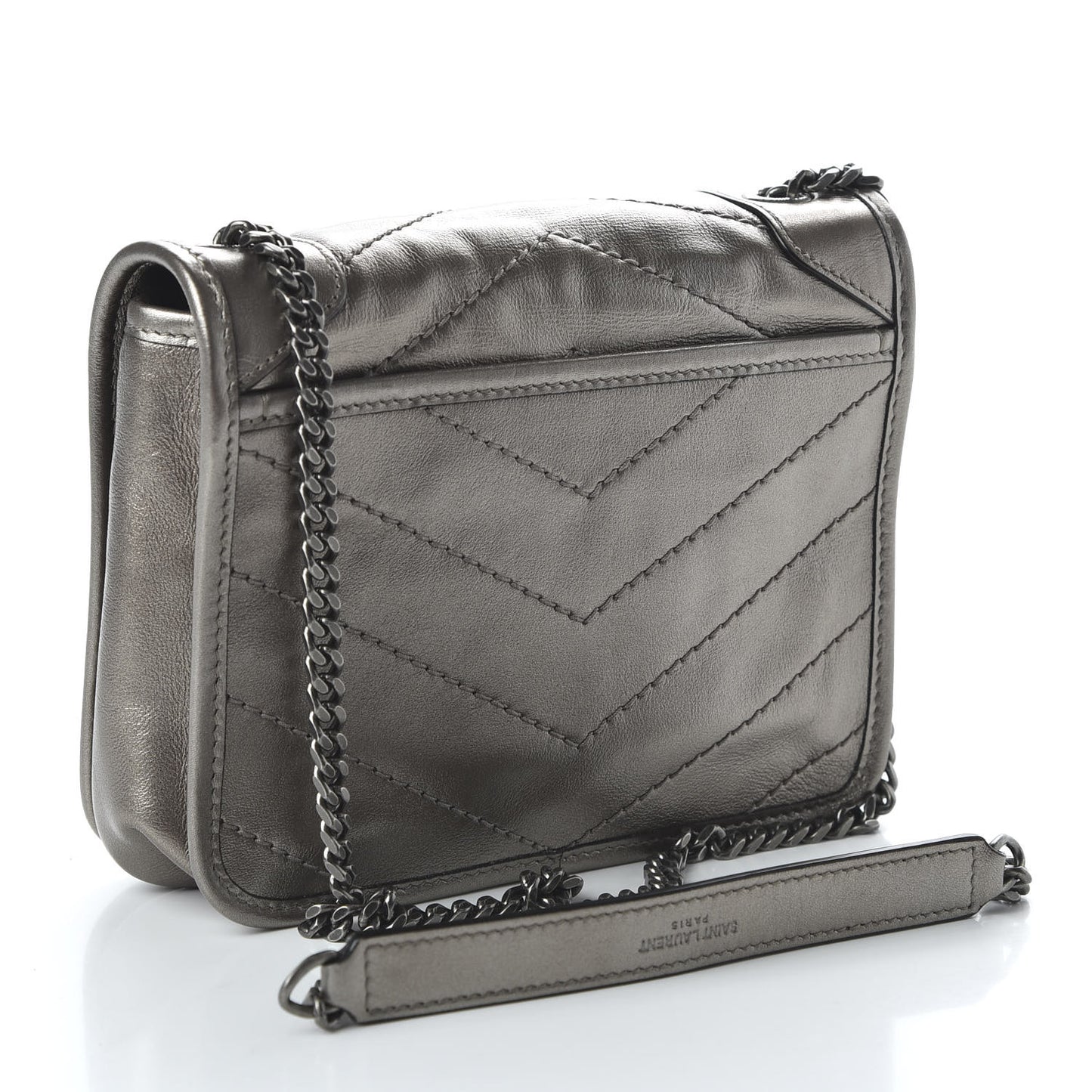 Metallic Calfskin Matelasse Monogram Niki Chain Wallet Platinum