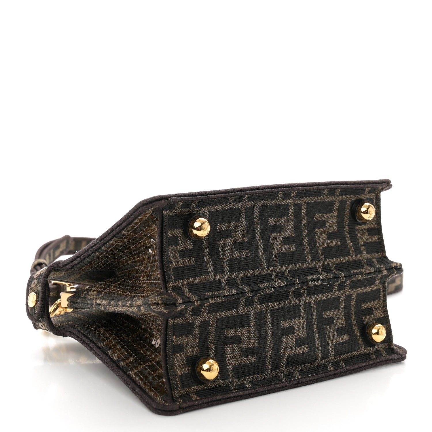 Fendi Fabric Jacquard Paillettes Vitello Seta FF 1974 Petite Peekaboo I SEE U Satchel Tobacco Moro 4 of 12