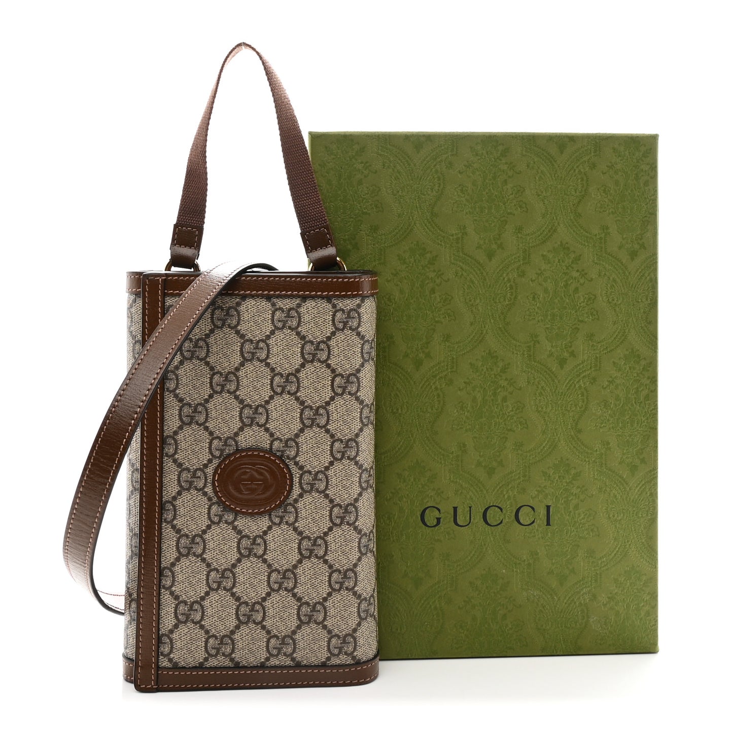 Supreme Monogram Textured Calfskin Retro Interlocking G Medium Wallet On Strap Beige Ebony Brown Sugar