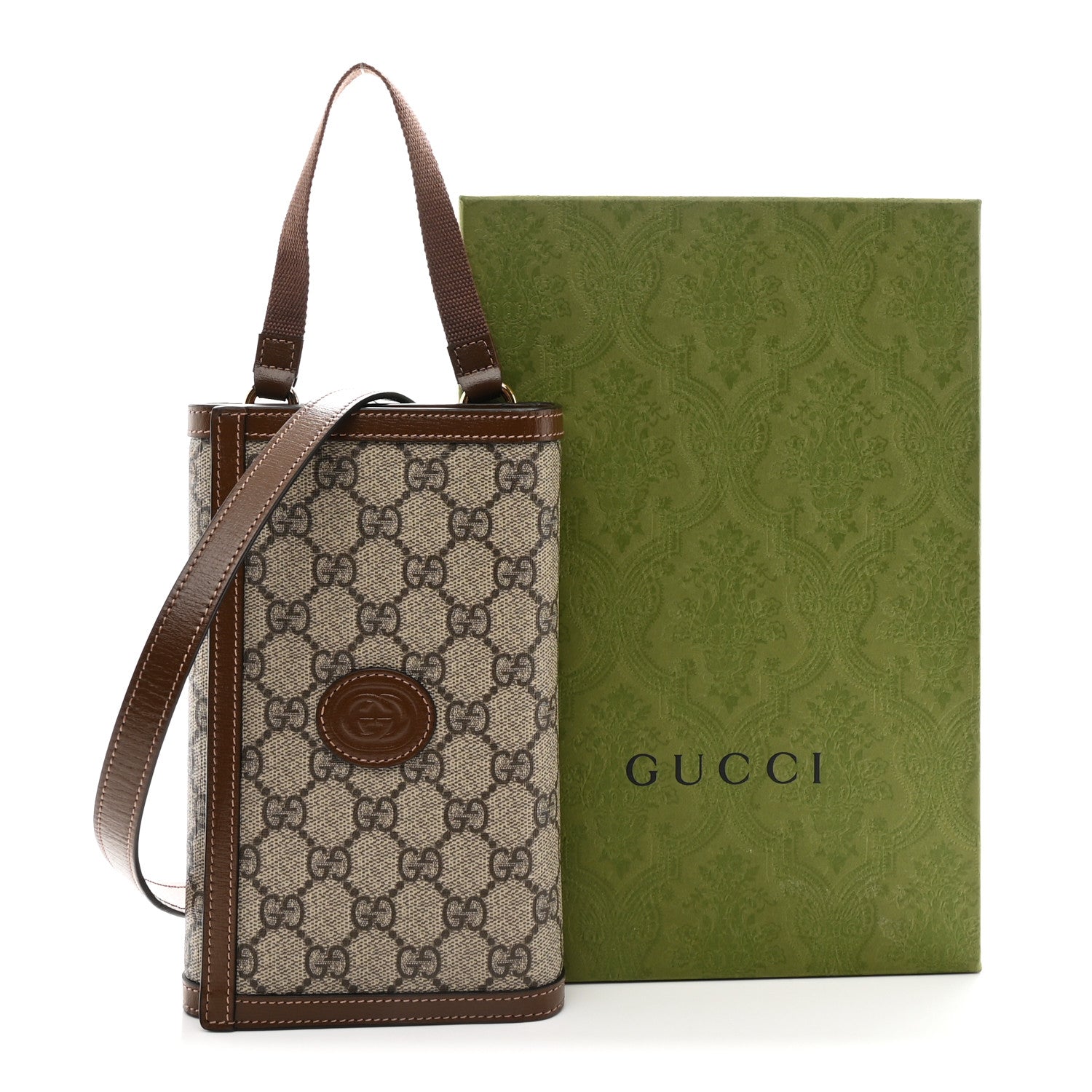 Gucci Supreme Monogram Textured Calfskin Retro Interlocking G Medium Wallet On Strap Beige Ebony Brown Sugar 11 of 11