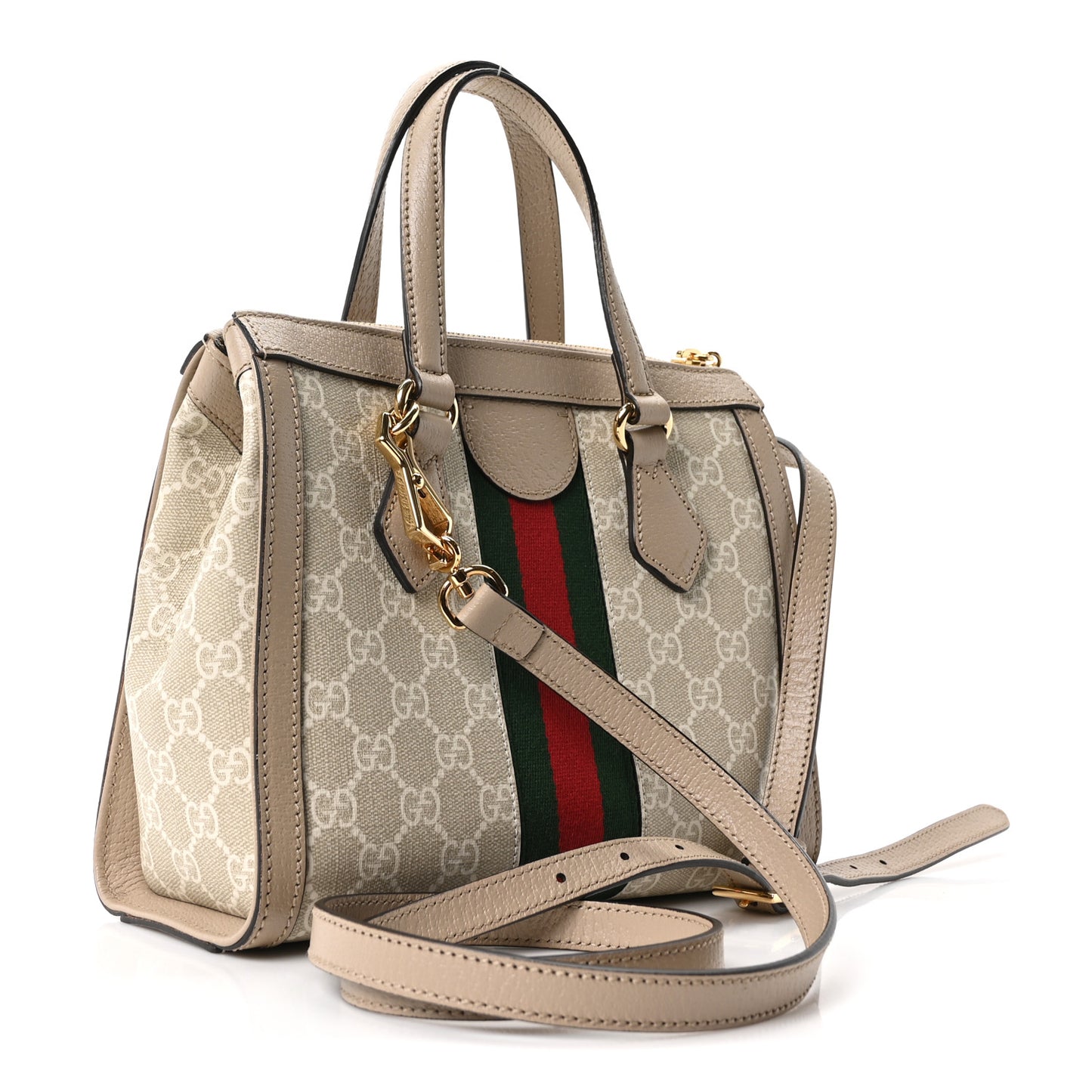 GG Supreme Monogram Textured Dollar Calfskin Web Small Ophidia Tote Bag Beige Mystic White Oatmeal