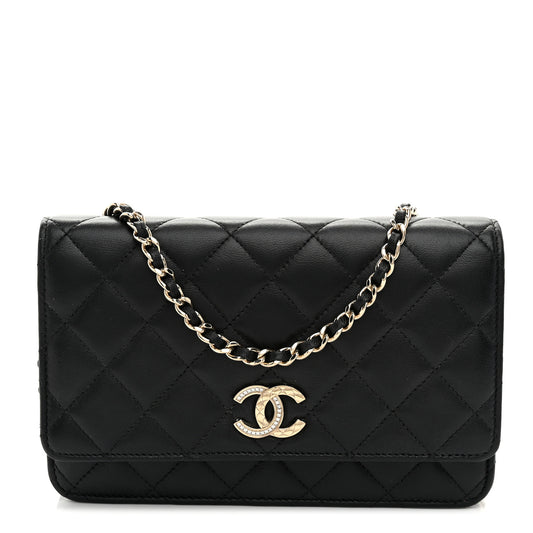 Lambskin Quilted Crystal CC Wallet On Chain WOC Black