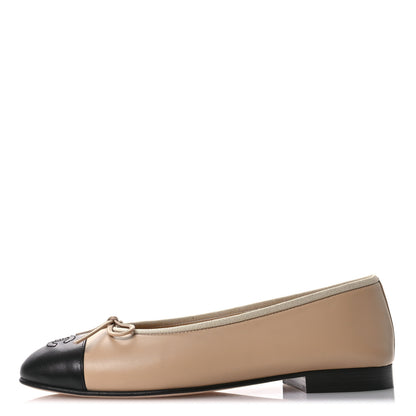 Chanel Lambskin Cap Toe CC Ballerina Flats 38.5 Beige Black 1 of 9