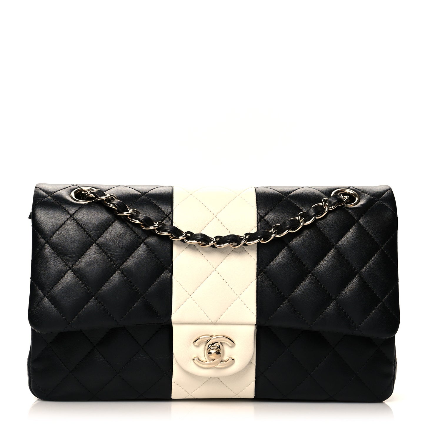 Lambskin Quilted Medium Double Flap Black White