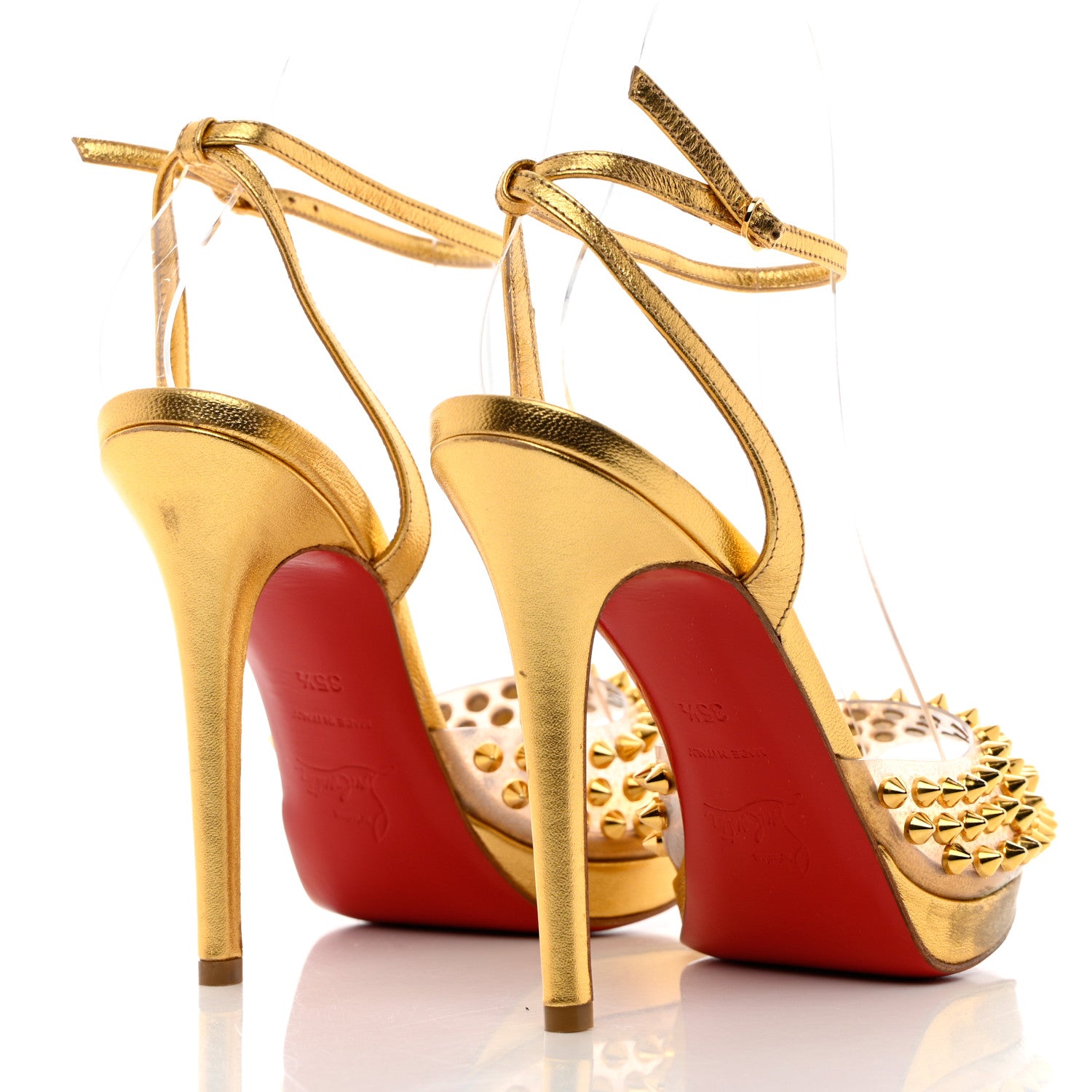 Christian Louboutin Nappa PVC Spiked St Jeannette 120 Peep Toe Pumps 35.5 Gold 4 of 14