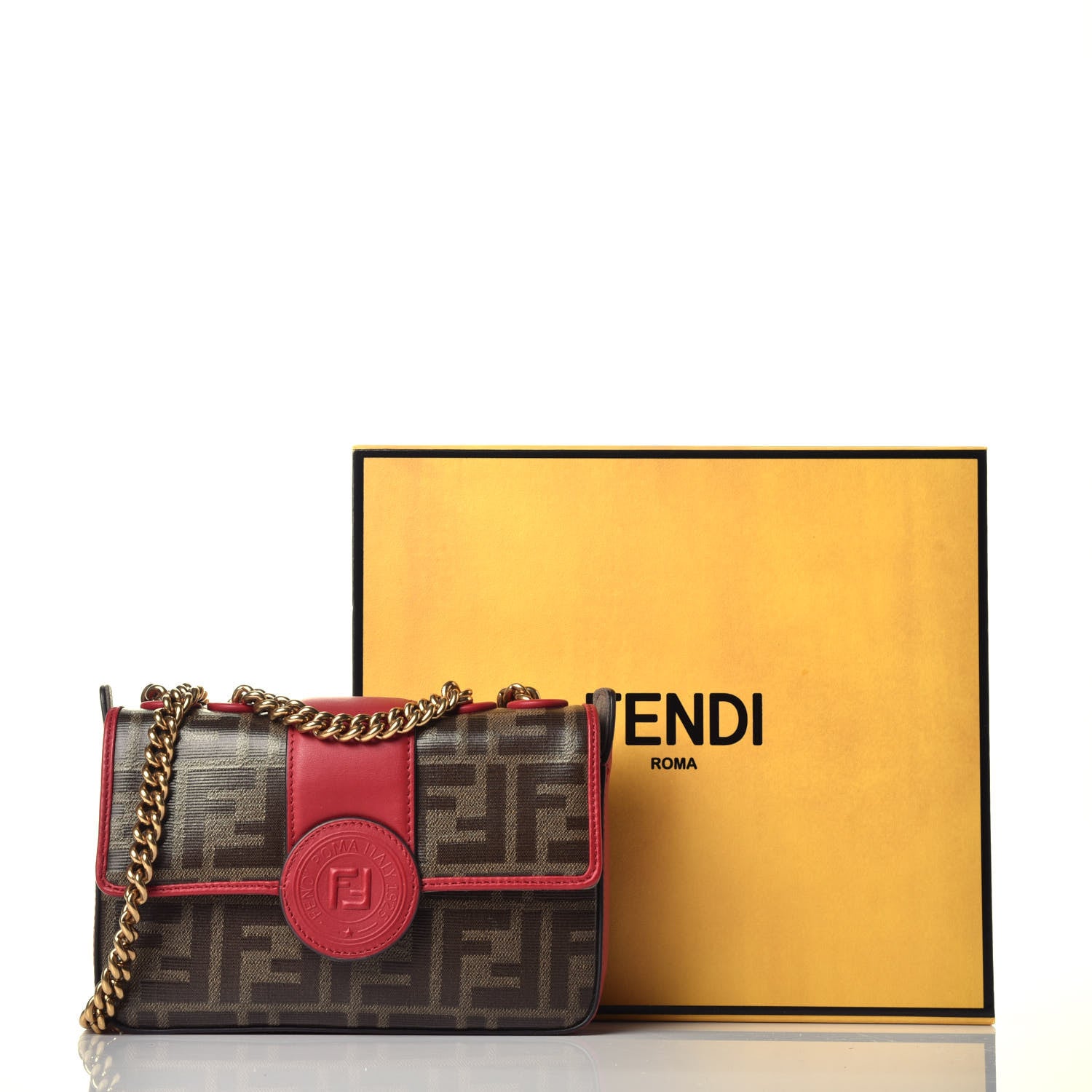Fendi Glazed Fabric Vitello Century FF 1974 Stamp Patch Mini Double F Crossbody Bag Mogano Panna Fragola 9 of 9