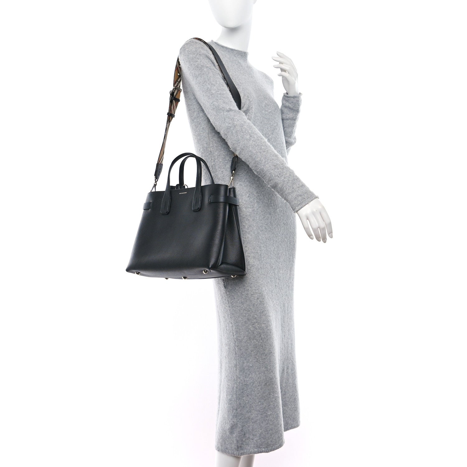 Burberry Grainy Calfskin House Check Medium Banner Tote Black 2 of 8