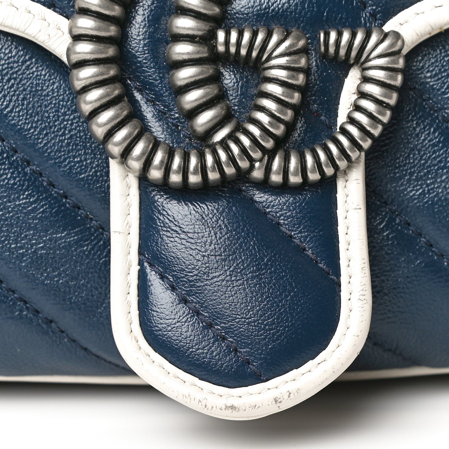 Vintage Effect Calfskin Matelasse Diagonal Small Torchon GG Marmont Shoulder Bag Blue Agata Mystic White