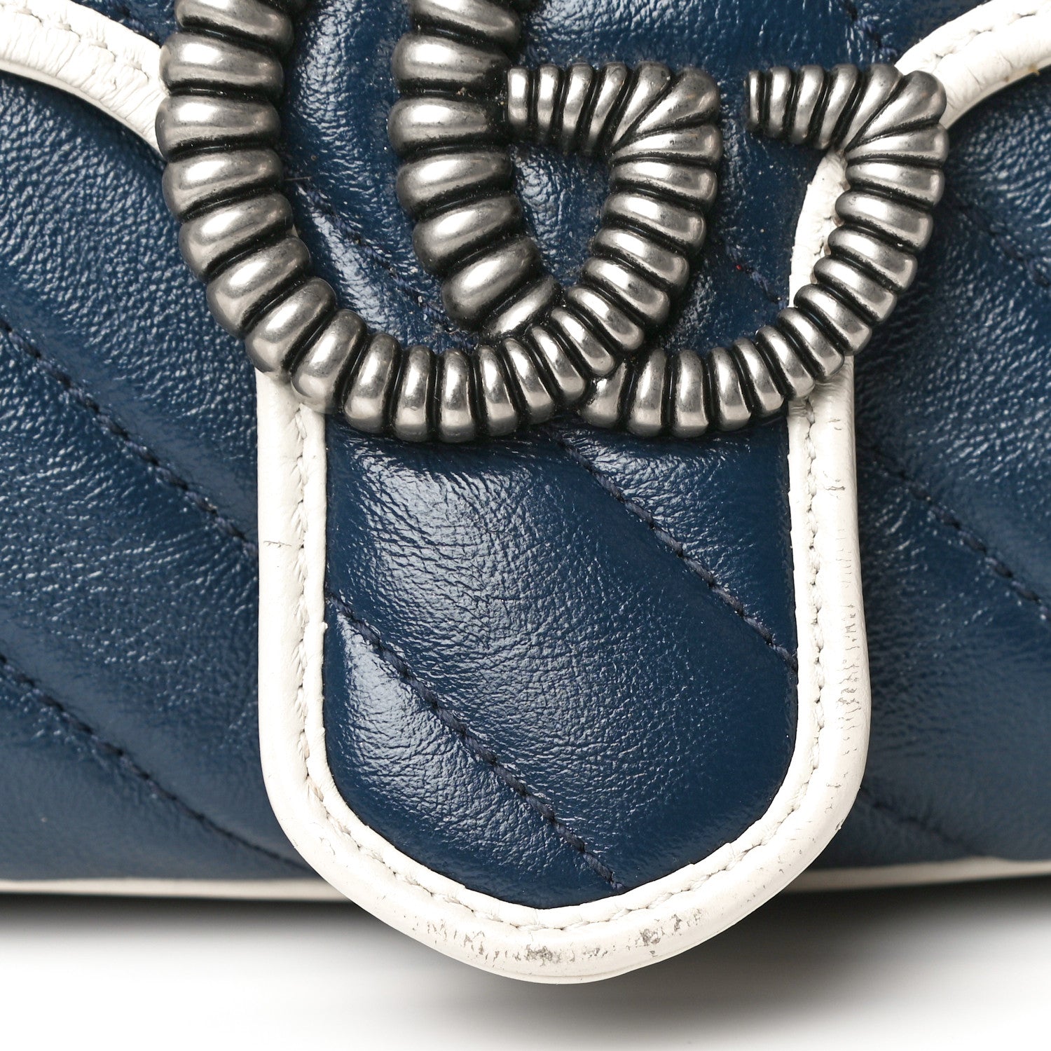 Gucci Vintage Effect Calfskin Matelasse Diagonal Small Torchon GG Marmont Shoulder Bag Blue Agata Mystic White 18 of 21
