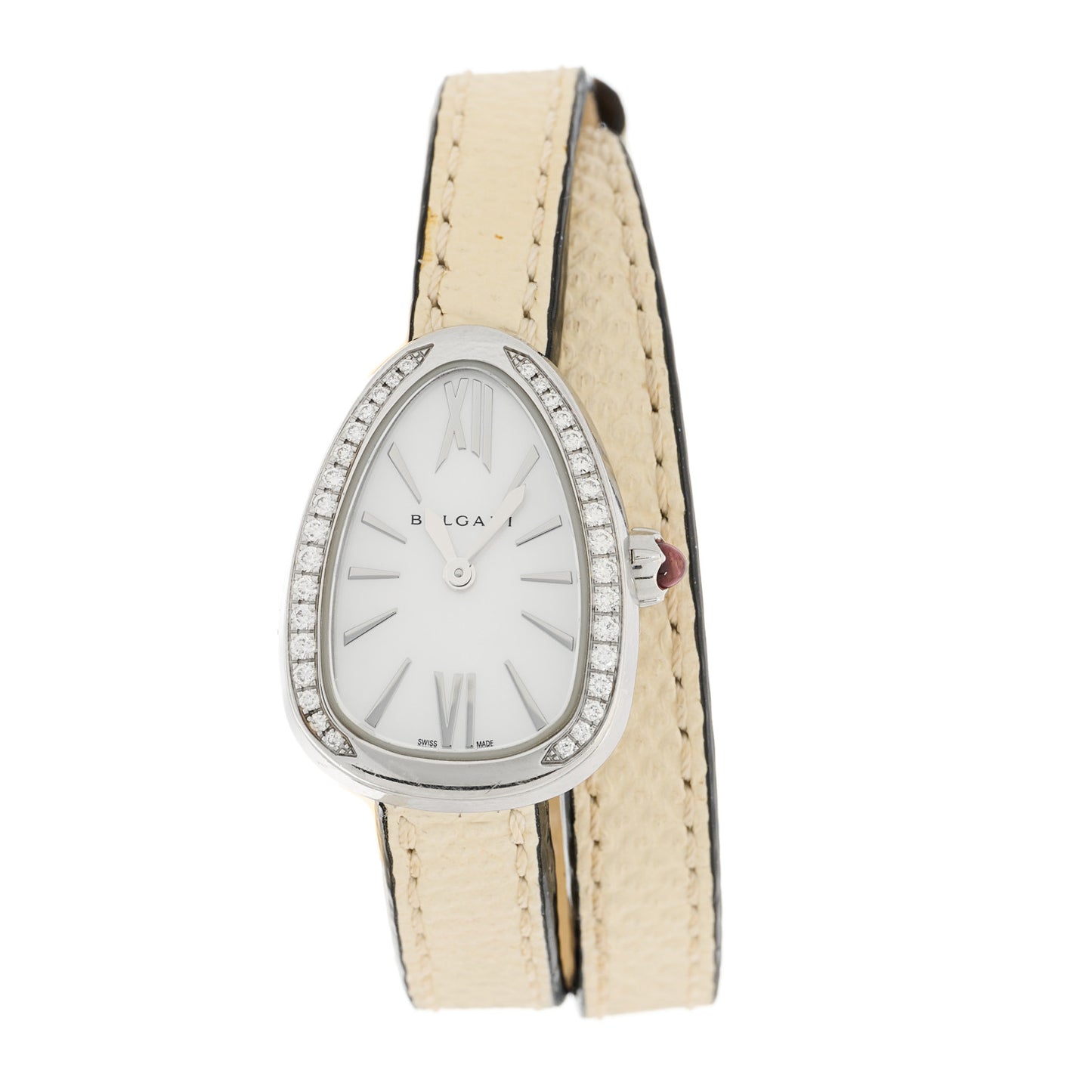 Stainless Steel Lizard Diamond Bezel Mother of Pearl 27mm Serpenti Double Wrap Quartz Watch