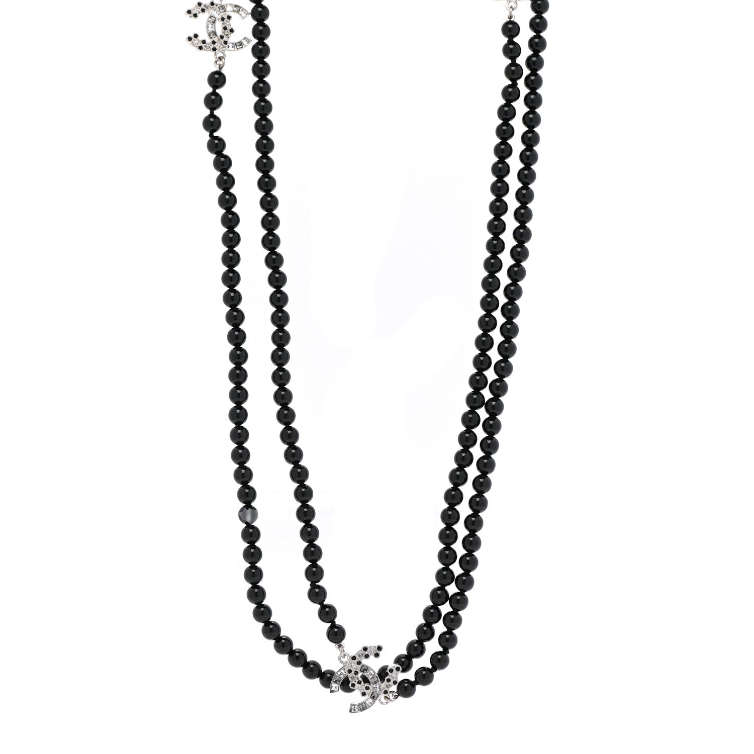 Chanel Ruthenium Crystal Baguette Pearl Beaded CC Long Necklace Black Grey 1 of 6