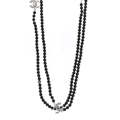 Chanel Ruthenium Crystal Baguette Pearl Beaded CC Long Necklace Black Grey 1 of 6