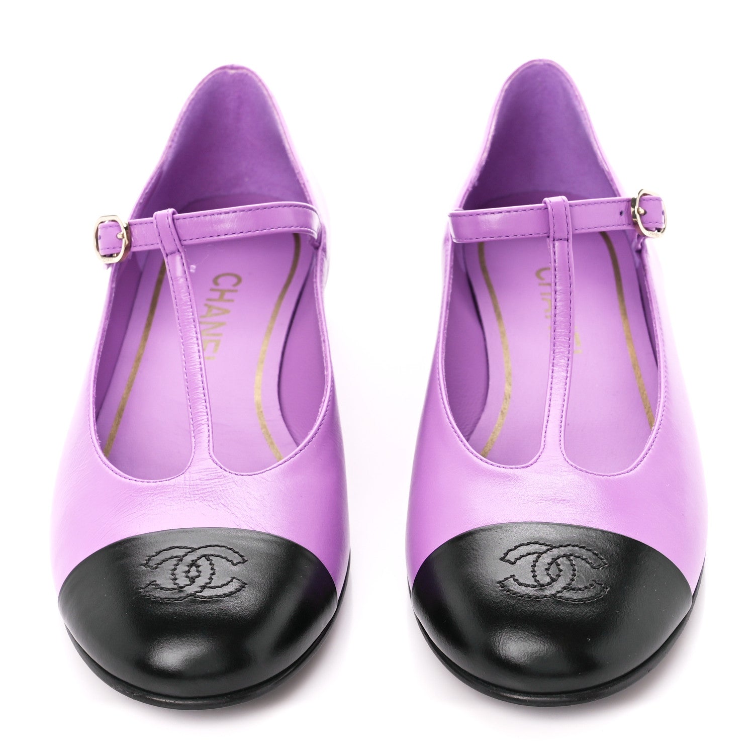 Chanel Calfskin Cap Toe T Strap CC Flats 38 Purple Black 2 of 9