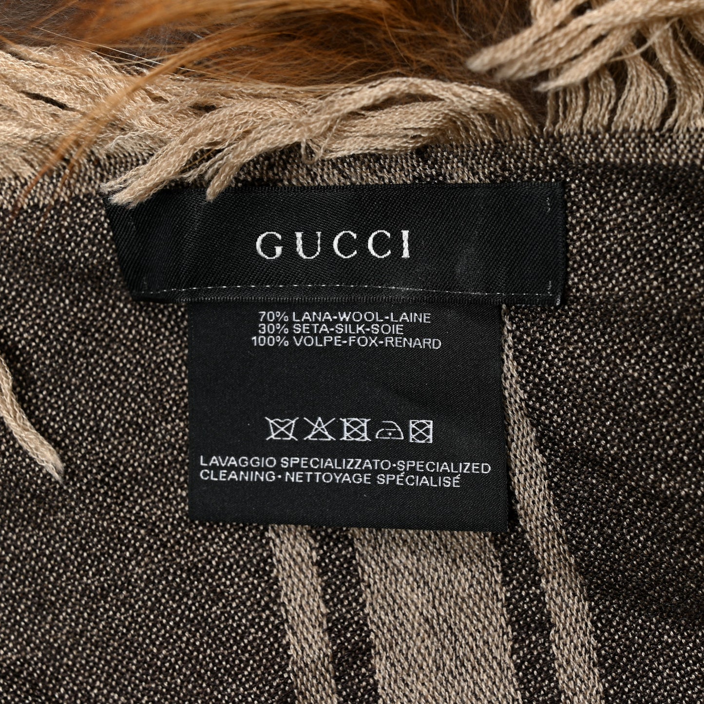 Wool Silk Fox Fur Monogram Shawl Scarf Brown