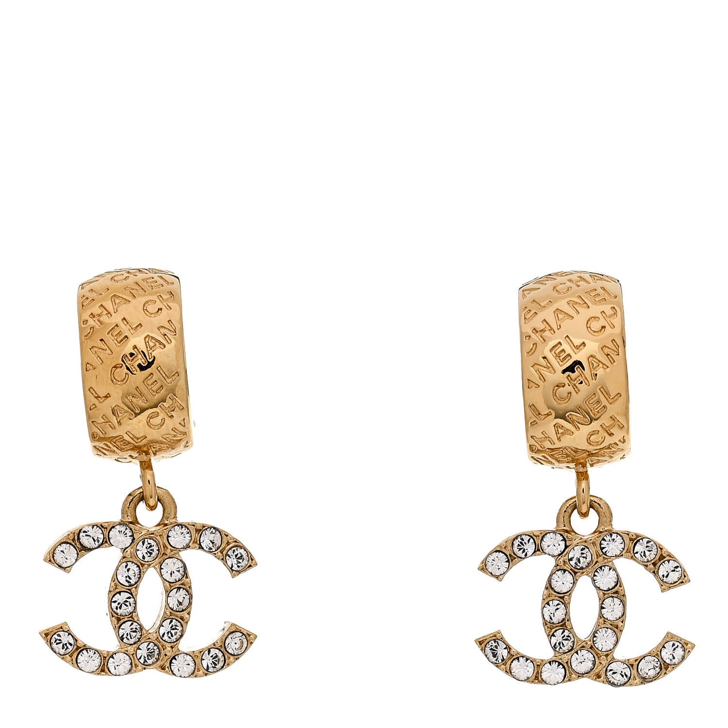Metal Crystal CC Logo Hoop Drop Earrings Gold