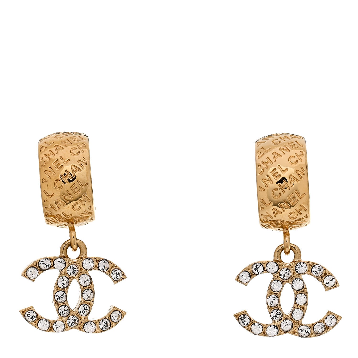 Chanel Metal Crystal CC Logo Hoop Drop Earrings Gold 1 of 4