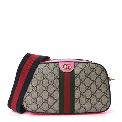 Gucci GG Supreme Monogram Textured Dollar Calfskin Web Ophidia Small Crossbody Bag Beige Ebony Fuchsia 1 of 10