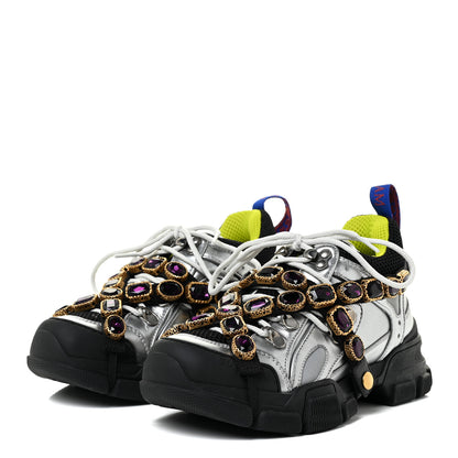 Gucci X SEGA Metallic Calfskin Mesh Removable Crystals Womens Flashtrek Sneakers 36 Silver Black 3 of 10