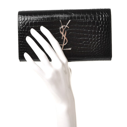 Saint Laurent Calfskin Crocodile Embossed Large Monogram Flap Wallet Black 2 of 7