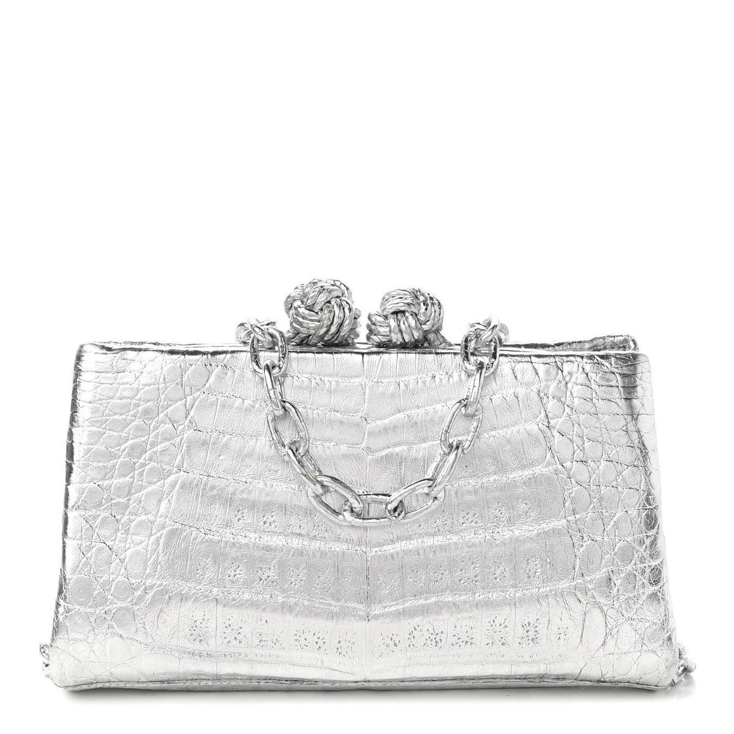 Metallic Crocodile Chain Clutch Silver
