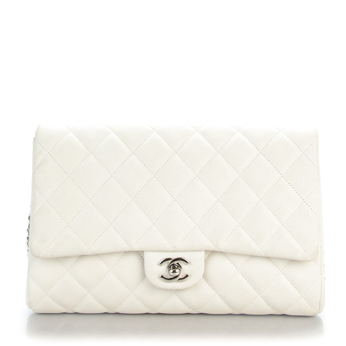 Iridescent Caviar Quilted Clutch With Chain Flap White