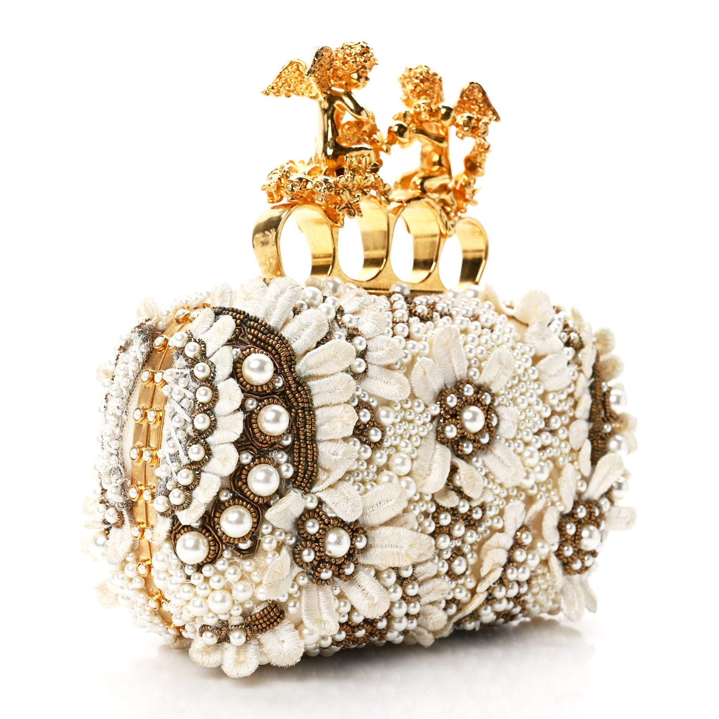Embroidered Pearl Angel Knuckle Box Clutch Ivory Gold
