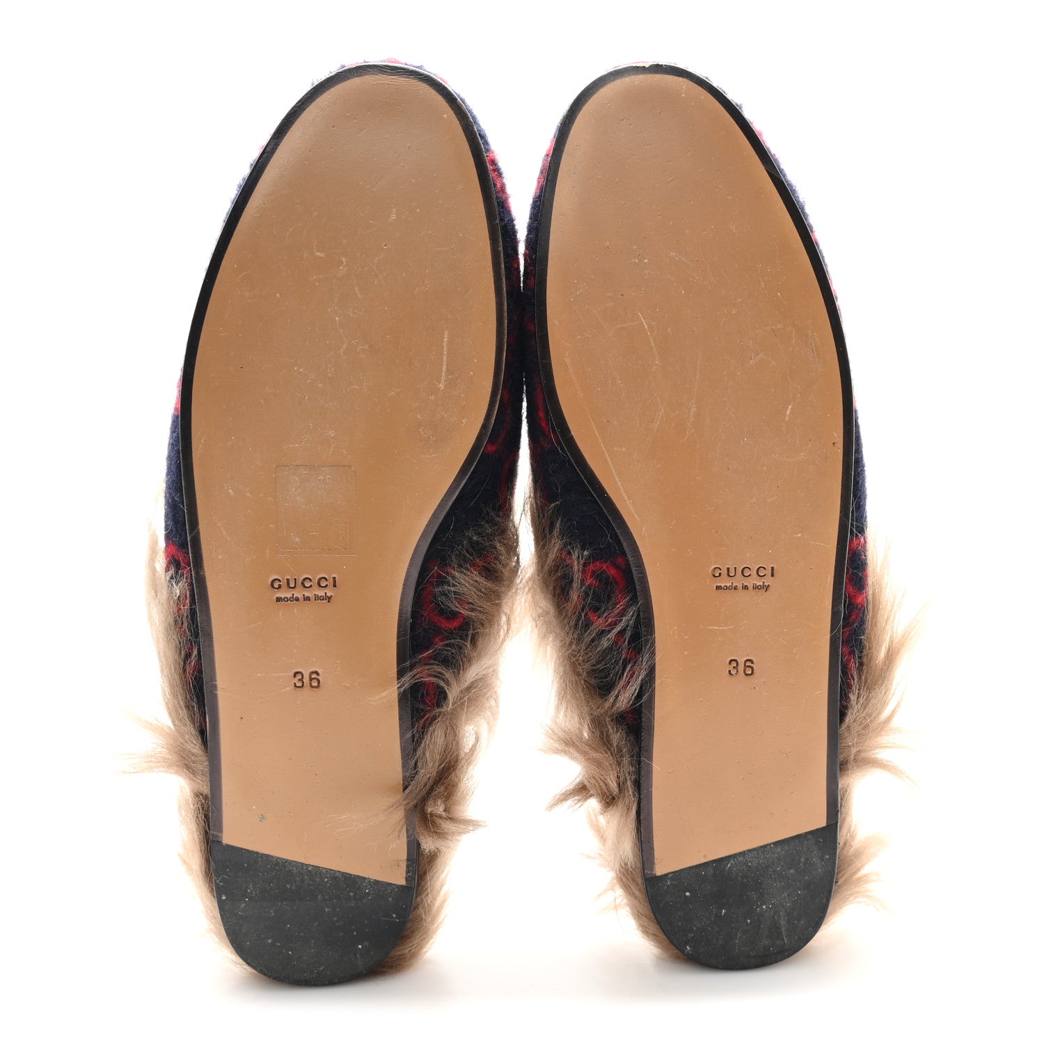 Gucci Covered Wool Big GG Monogram Fur Womens Princetown Slippers 36 Blue Red Butterscotch 6 of 8