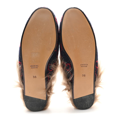 Gucci Covered Wool Big GG Monogram Fur Womens Princetown Slippers 36 Blue Red Butterscotch 6 of 8