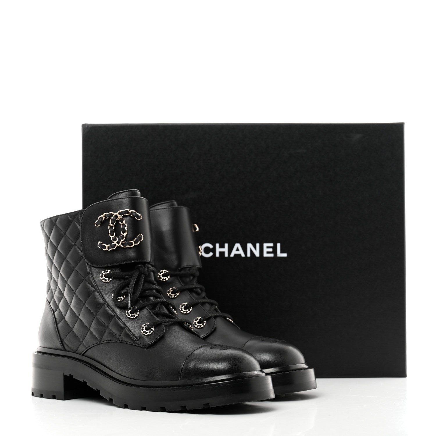 Chanel Shiny Lambskin Quilted Lace Up Combat Boots 41 Black 9 of 9