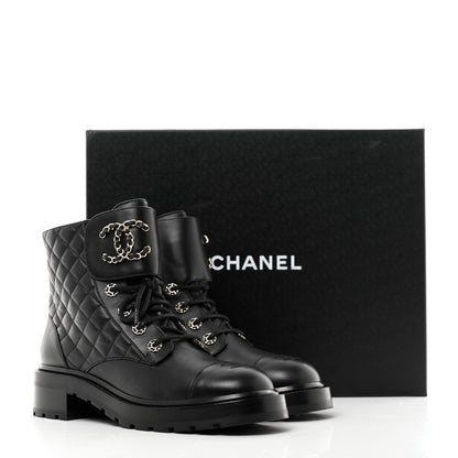 Chanel Shiny Lambskin Quilted Lace Up Combat Boots 41 Black 9 of 9