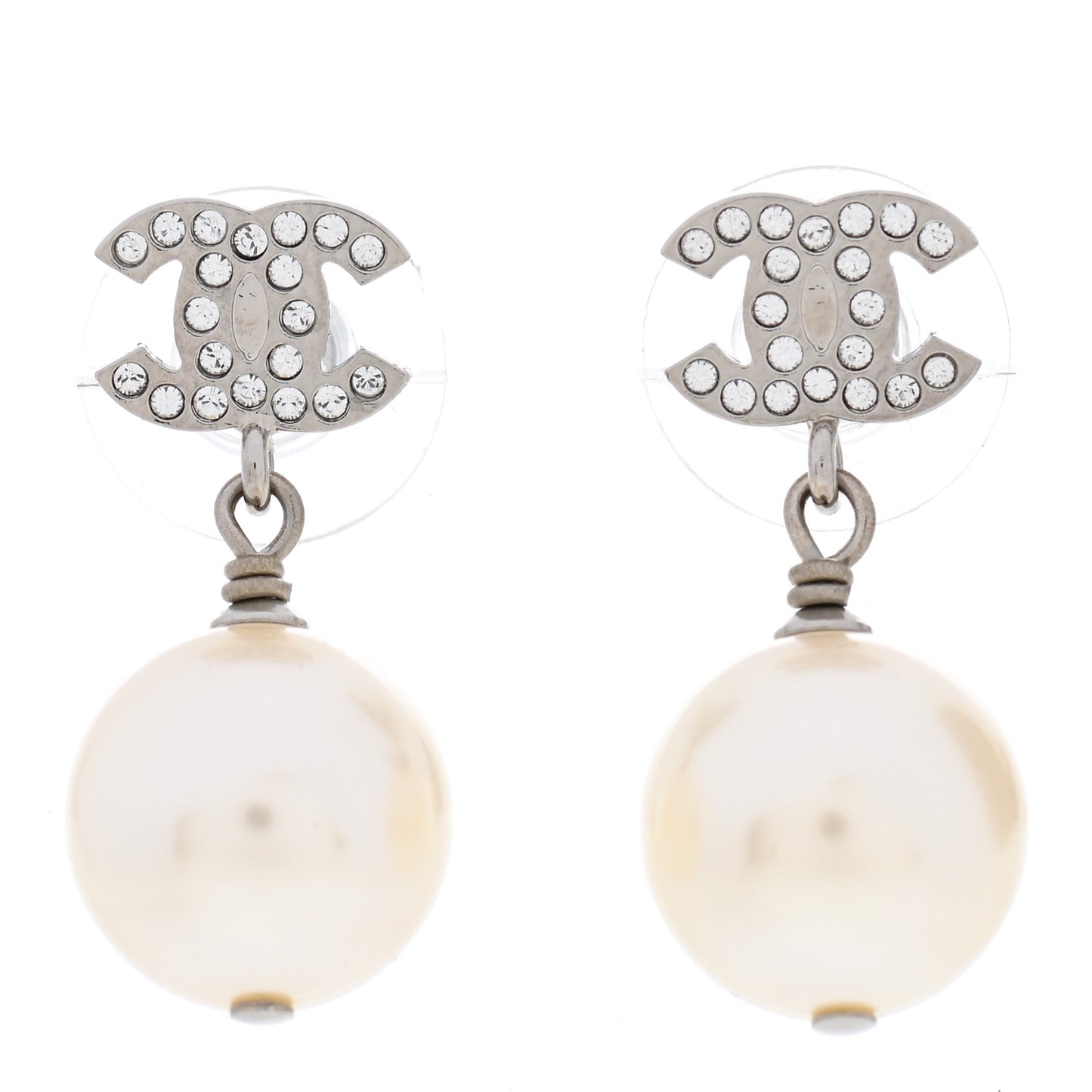 Crystal Pearl CC Drop Earrings Silver Pearly White
