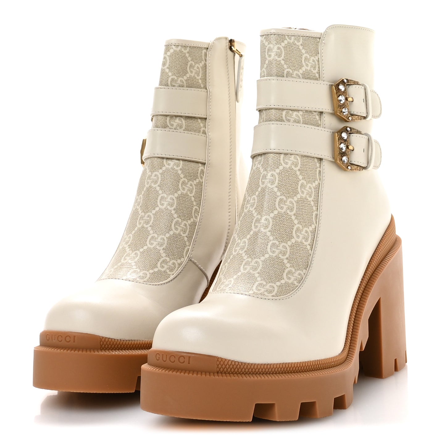 Kensington Calfskin Nappa GG Supreme Monogram Womens Double Buckle Ankle Boots 41.5 Mystic White Beige