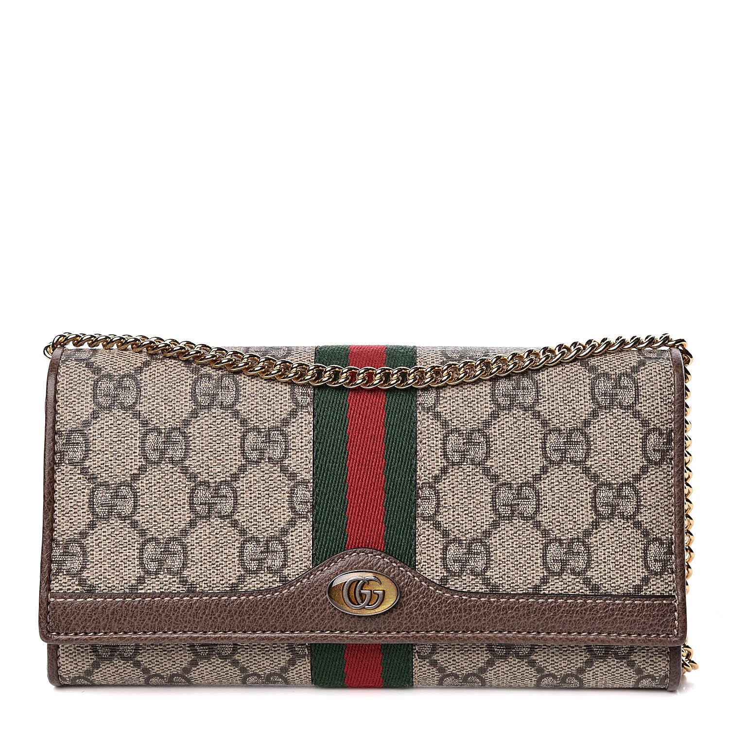 Gucci GG Supreme Monogram Web Ophidia Wallet On Chain Brown 1 of 12