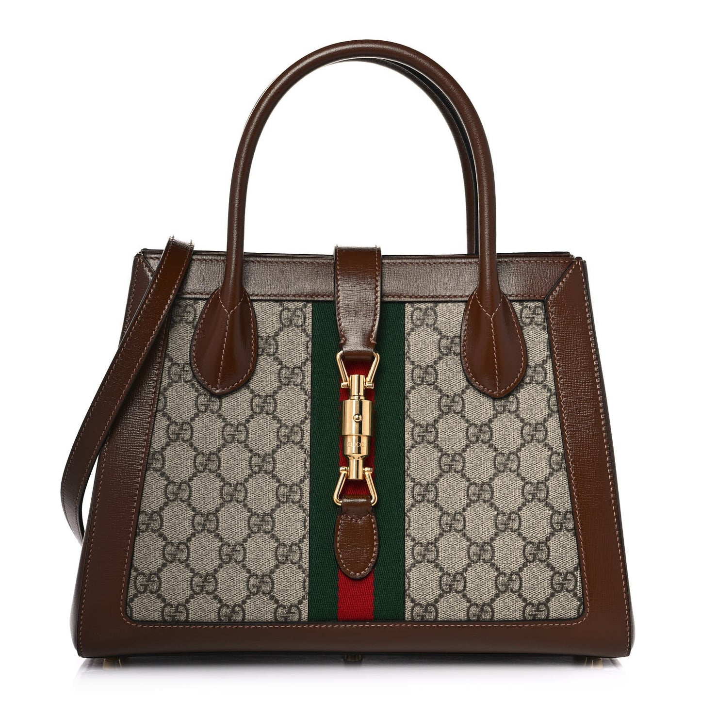 GG Supreme Monogram Azalea Calfskin Web Medium Jackie 1961 Tote Beige Ebony Brown Sugar