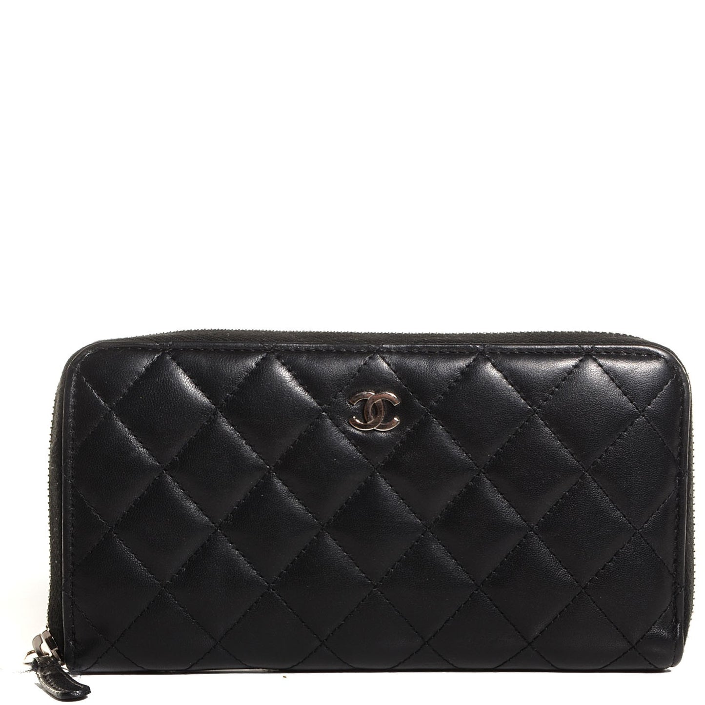 Lambskin Quilted Large Zip Around Wallet Black