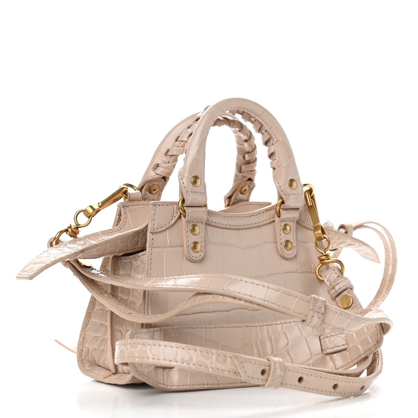 Shiny Supple Calfskin Crocodile Embossed Neo Classic Gold Hardware Nano City Crossbody Light Beige