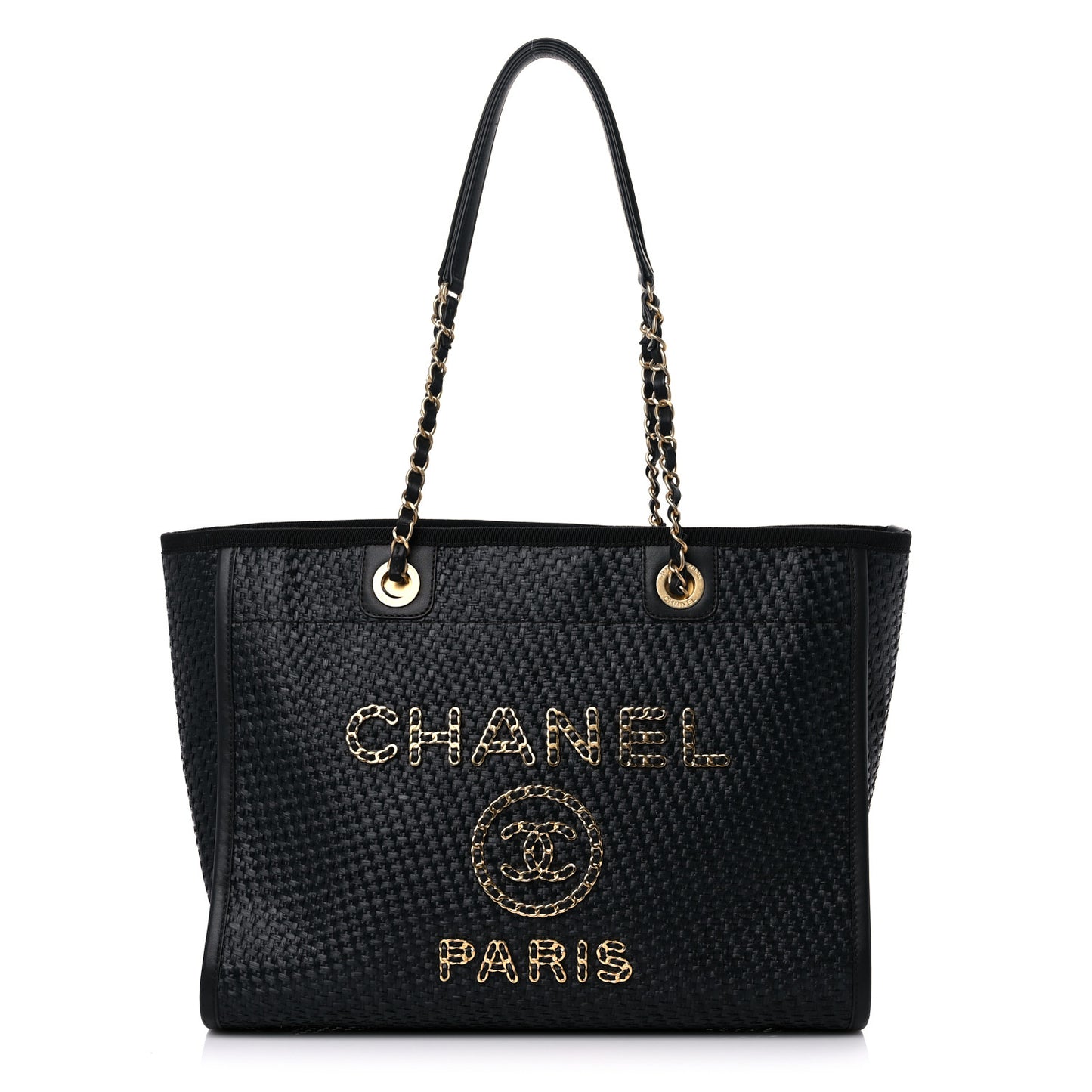 Straw Raffia Calfskin Chain Small Deauville Tote Black