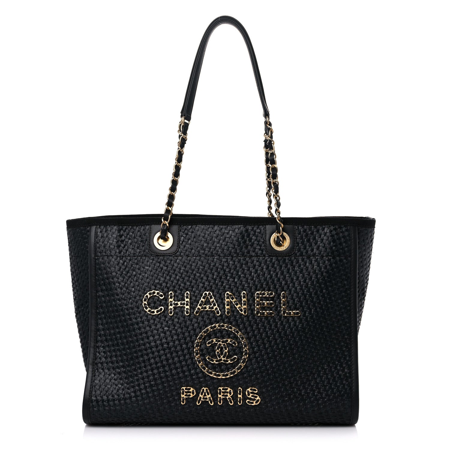 Chanel Straw Raffia Calfskin Chain Small Deauville Tote Black 1 of 13