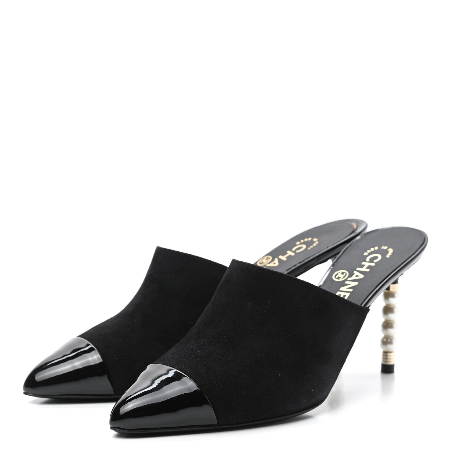 Chanel Suede Patent Calfskin Cap Toe Pearl Mule 38.5 Black 3 of 9