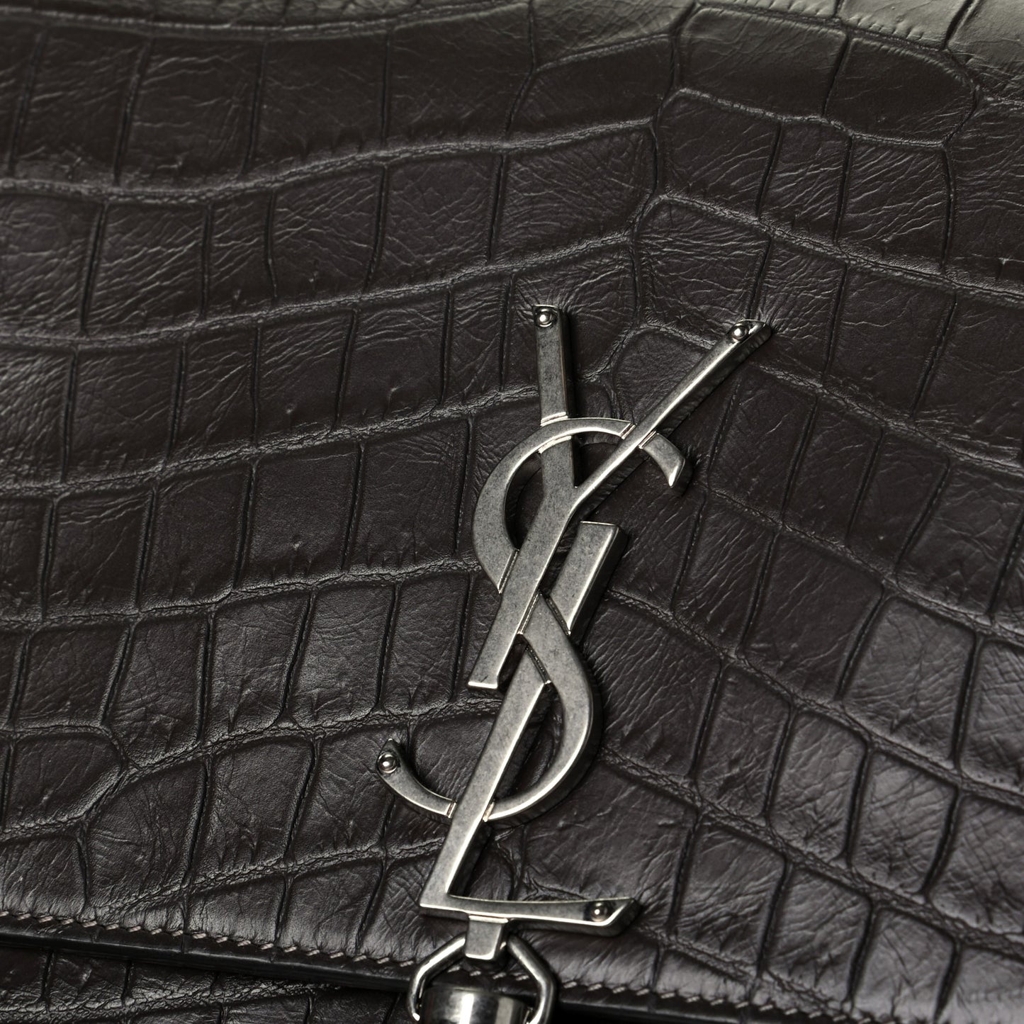 Calfskin Crocodile Embossed Medium Classic Monogram Kate Tassel Satchel Coal