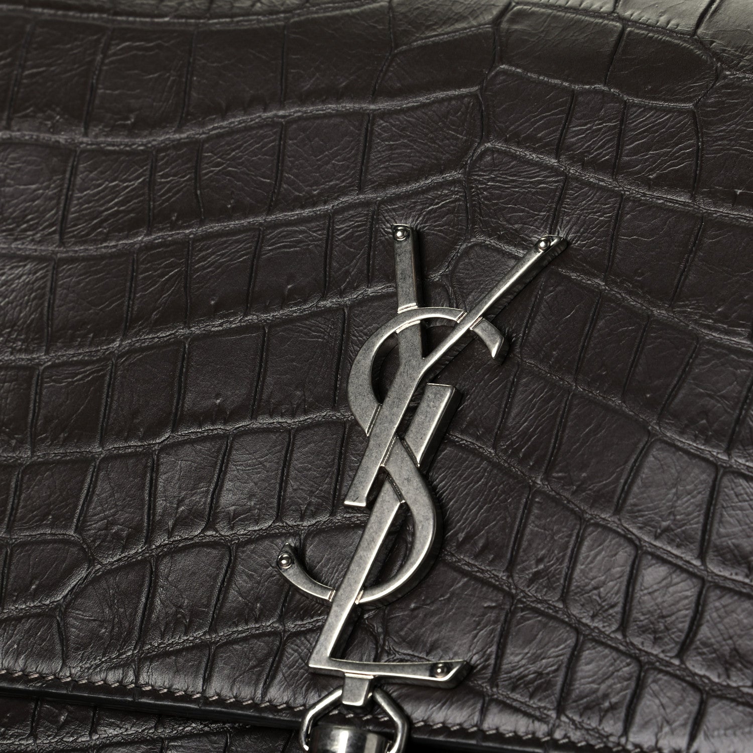 Saint Laurent Calfskin Crocodile Embossed Medium Classic Monogram Kate Tassel Satchel Coal 6 of 6