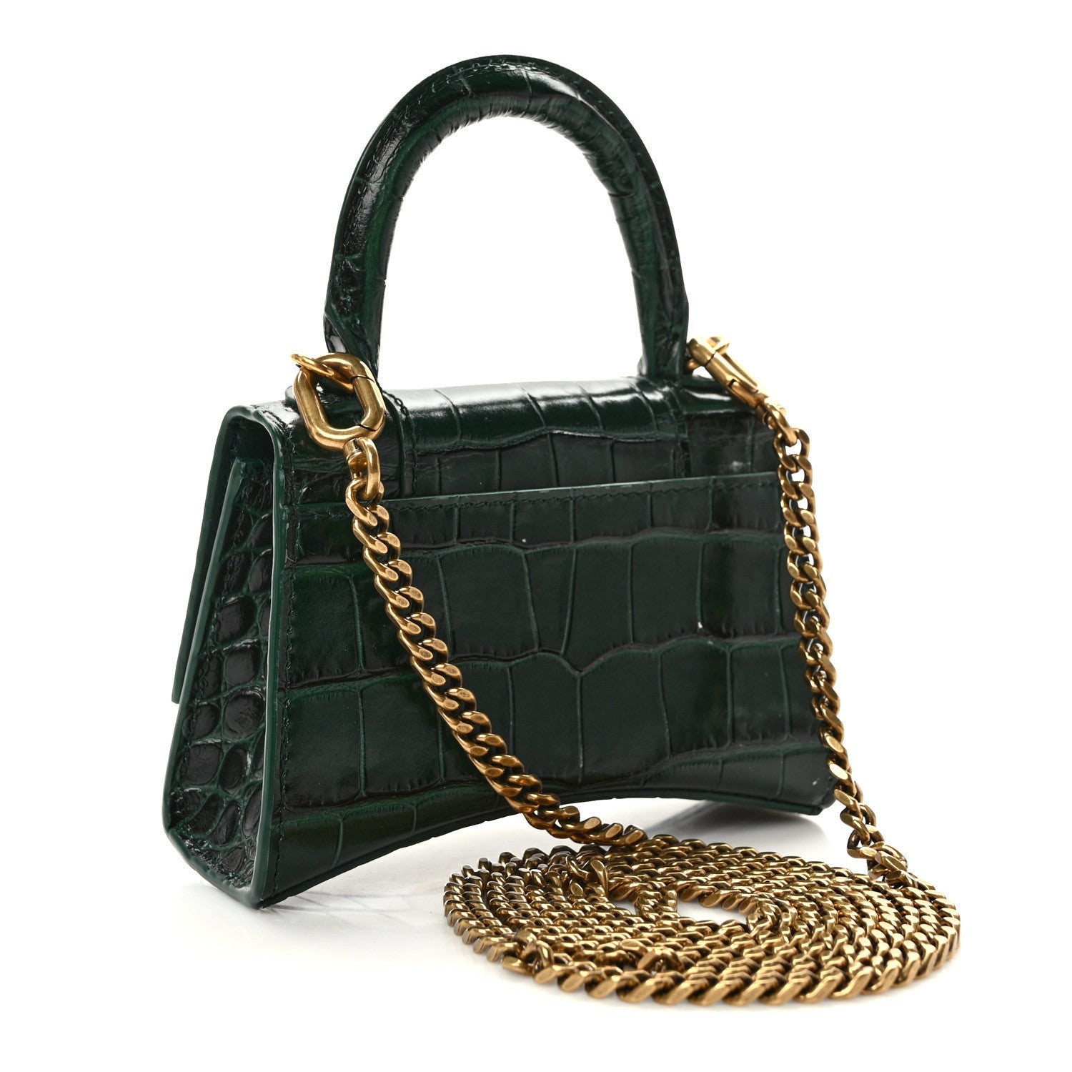 Balenciaga Shiny Calfskin Crocodile Embossed Hourglass Top Handle Bag Mini with Chain Forest Green 3 of 8