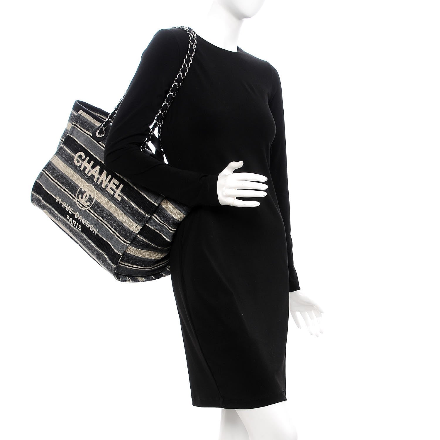 Chanel Striped Canvas Medium Deauville Tote Black 2 of 9