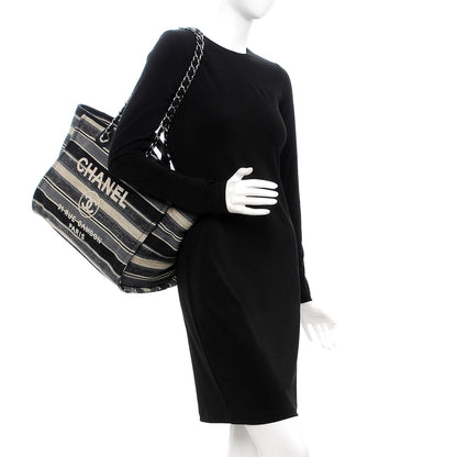 Chanel Striped Canvas Medium Deauville Tote Black 2 of 9