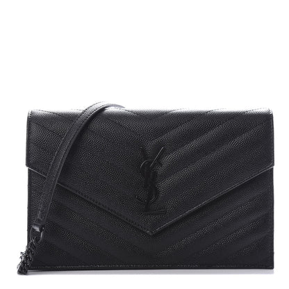 Saint Laurent Grain De Poudre Matelasse Chevron Monogram Envelope Chain Wallet Black 1 of 10