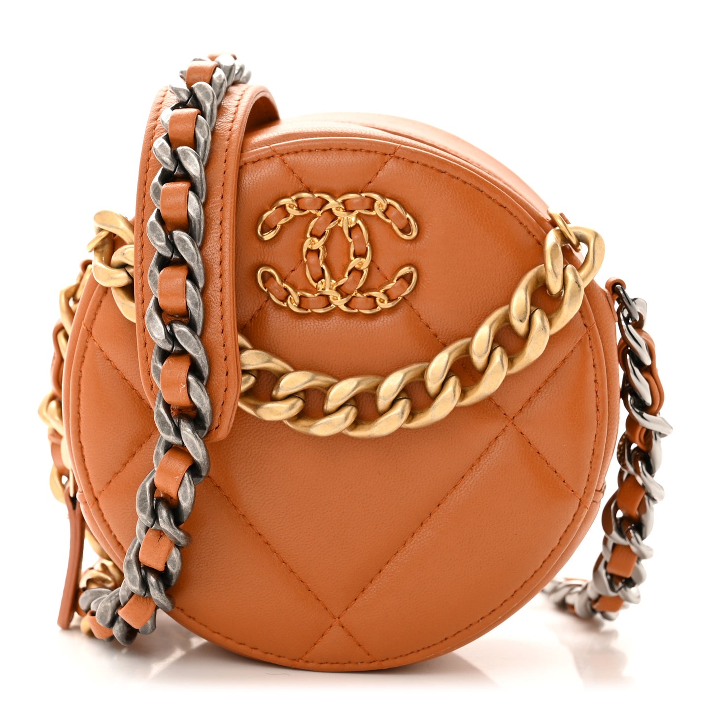 Goatskin Quilted Chanel 19 Round Clutch With Chain Brown