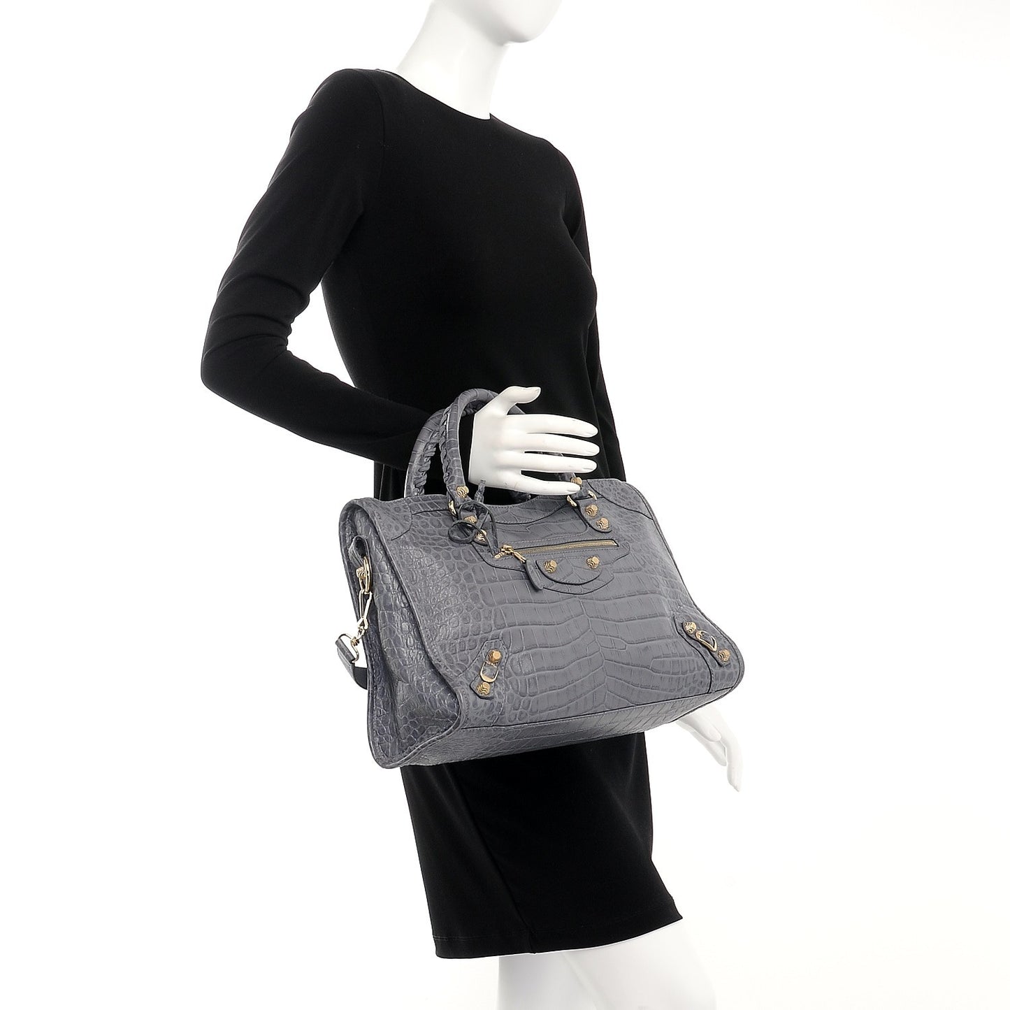 Calfskin Crocodile Embossed Giant 12 Gold Hardware City Gris Beton