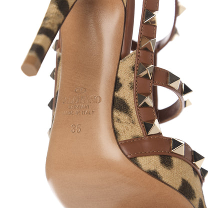 Valentino Garavani Canvas Leopard Print Rockstud Ankle Strap Pumps 35 Brown 8 of 9